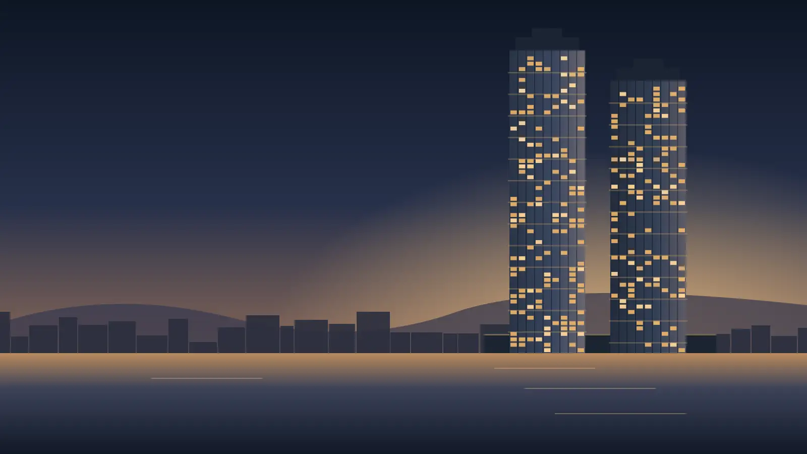 Sobha Kismatpur Hyderabad – illustration of two high-rise towers at dusk near Himayat Sagar (not an actual render)